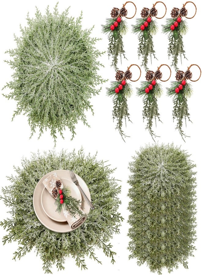 Vynium 6 Set Christmas Table Placement Including Napkin Ring, 20 Inch Large Artificial Greenery Placemats, Round Cedar Branch Place Mat Christmas Dining Table Decor for Xmas Holiday Party(Powder Snow) - Image 1