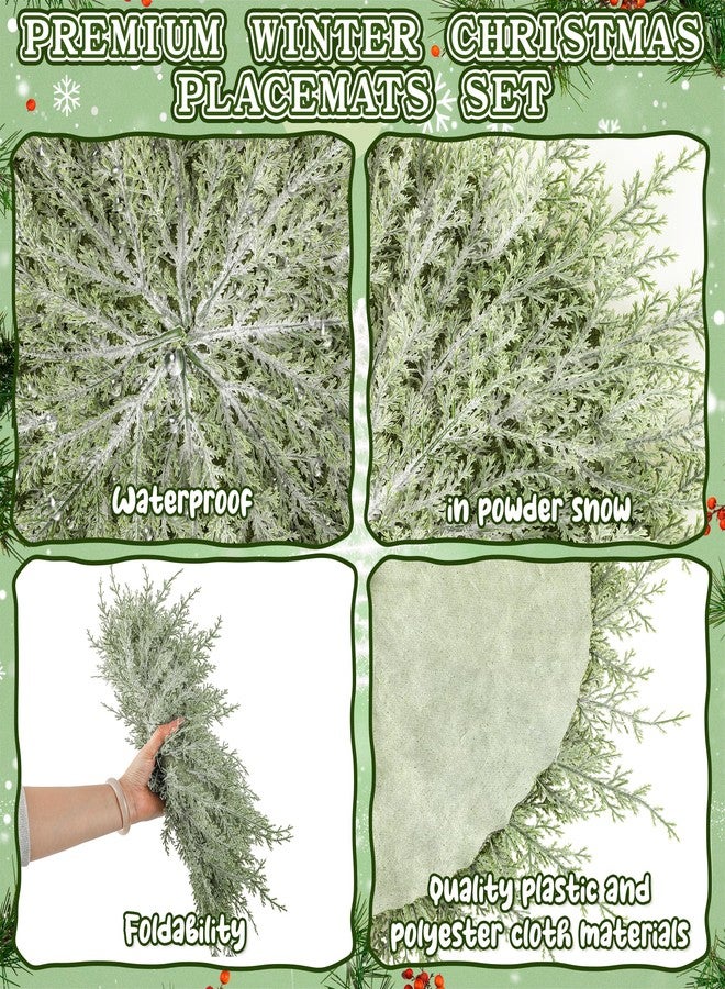 Vynium 6 Set Christmas Table Placement Including Napkin Ring, 20 Inch Large Artificial Greenery Placemats, Round Cedar Branch Place Mat Christmas Dining Table Decor for Xmas Holiday Party(Powder Snow) - Image 3
