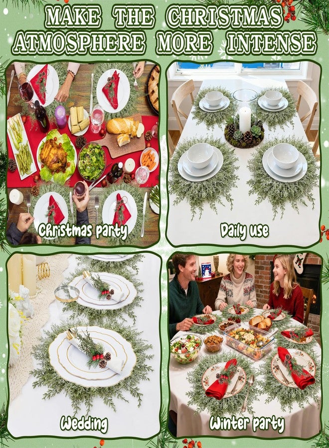 Vynium 6 Set Christmas Table Placement Including Napkin Ring, 20 Inch Large Artificial Greenery Placemats, Round Cedar Branch Place Mat Christmas Dining Table Decor for Xmas Holiday Party(Powder Snow) - Image 5