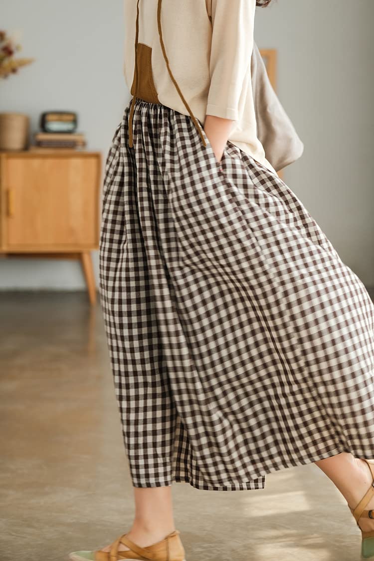chouyatou Women's Cotton Linen Pants Elastic Waist Plaid Gingham Wide Leg Capri Palazzo Pants (Medium, Coffee Brown) - Image 2
