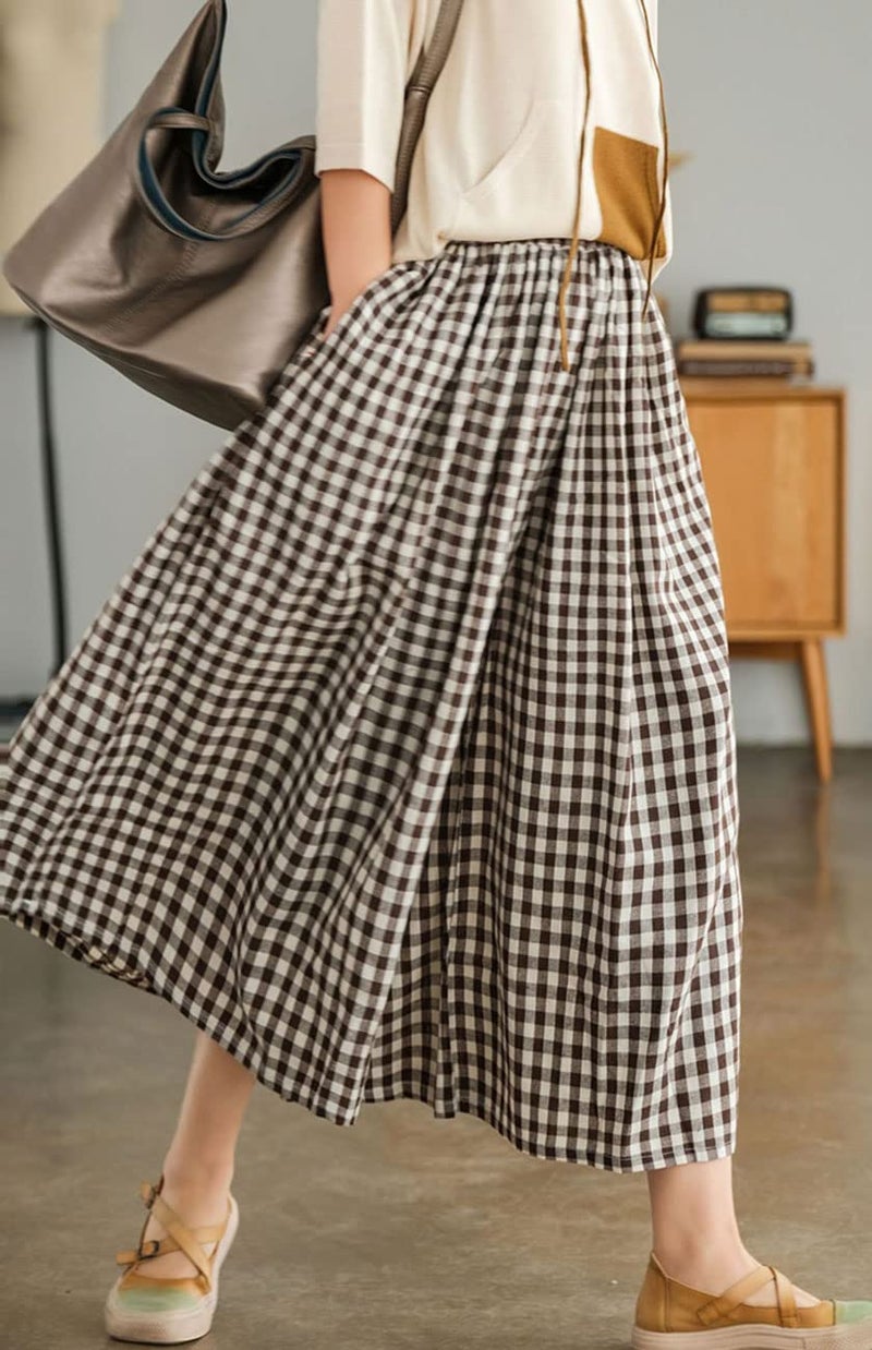 chouyatou Women's Cotton Linen Pants Elastic Waist Plaid Gingham Wide Leg Capri Palazzo Pants (Medium, Coffee Brown) - Image 4