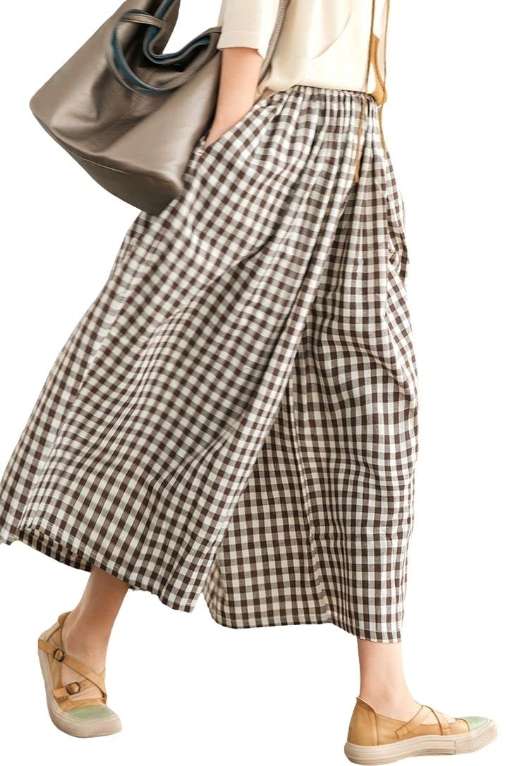 chouyatou Women's Cotton Linen Pants Elastic Waist Plaid Gingham Wide Leg Capri Palazzo Pants (Medium, Coffee Brown) - Image 1