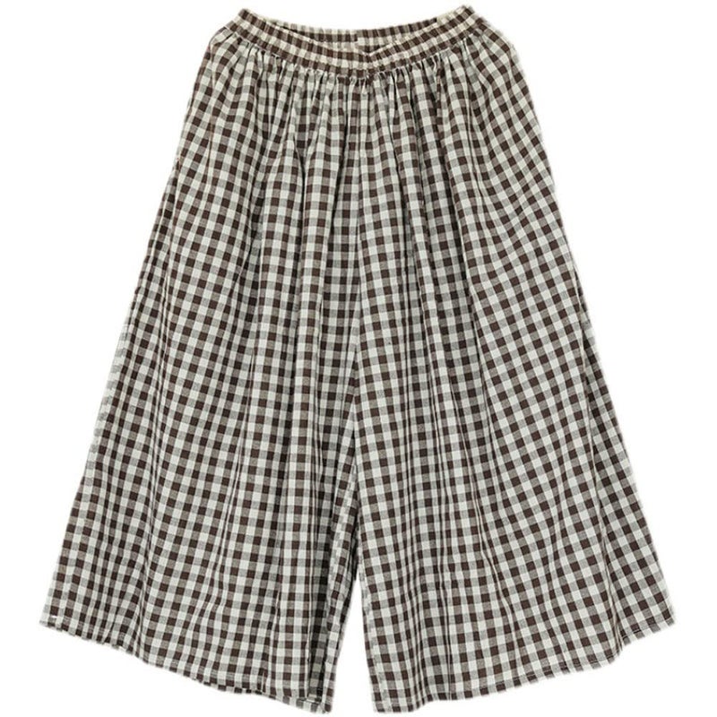 chouyatou Women's Cotton Linen Pants Elastic Waist Plaid Gingham Wide Leg Capri Palazzo Pants (Medium, Coffee Brown) - Image 5