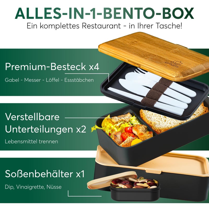 Umami Bento Box Adult All-In-1 w/4 Utensils, Big Sauce Jar, 2 Dividers, 100% Leakproof, Microwave & Dishwasher Safe Stackable Bento Lunch Box Containers for Men/Women, Black Bamboo, 40 oz - Image 4