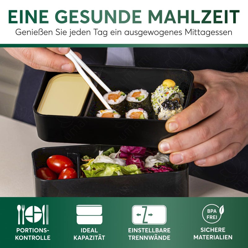 Umami Bento Box Adult All-In-1 w/4 Utensils, Big Sauce Jar, 2 Dividers, 100% Leakproof, Microwave & Dishwasher Safe Stackable Bento Lunch Box Containers for Men/Women, Black Bamboo, 40 oz - Image 2