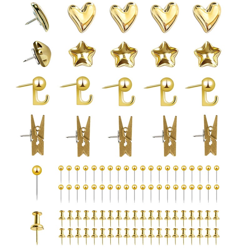 KEYDUACU 100 Pcs Gold Push Pins Set, Metal Thumb Tacks, Decorative Push Pins for Cork Board with Hook Clip, 6 Style Office Accessories for Map - Image 1