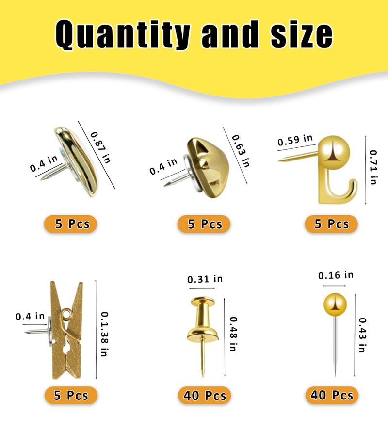KEYDUACU 100 Pcs Gold Push Pins Set, Metal Thumb Tacks, Decorative Push Pins for Cork Board with Hook Clip, 6 Style Office Accessories for Map - Image 4