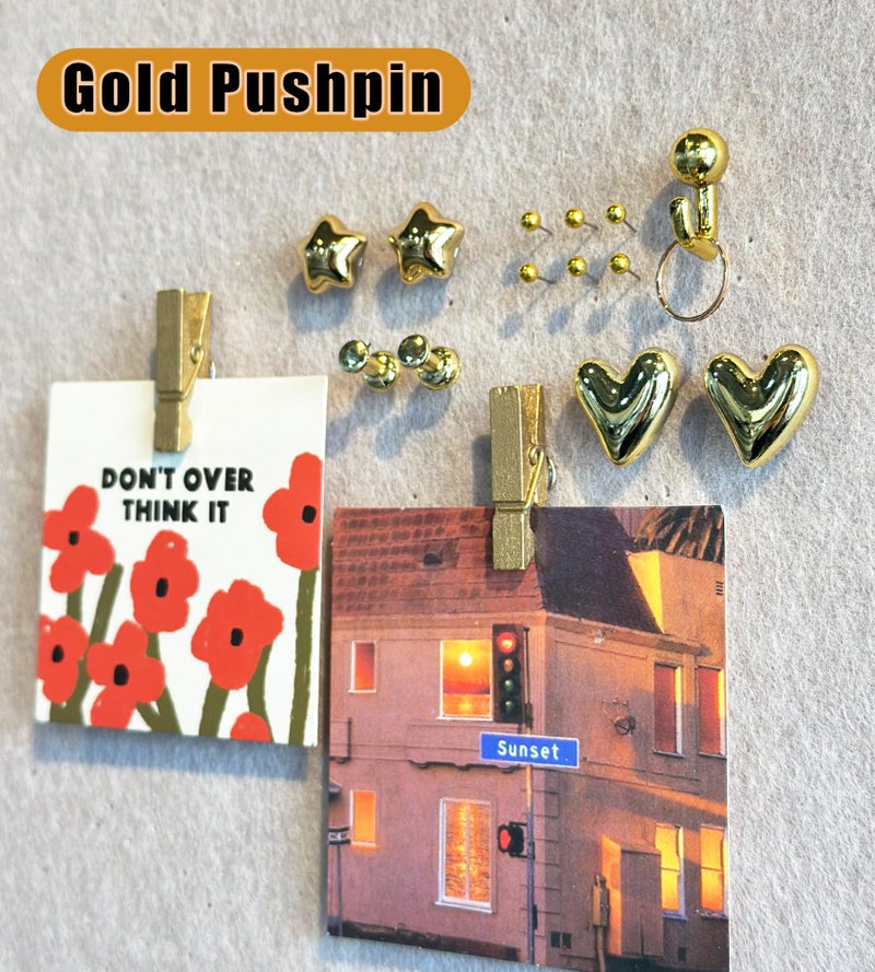 KEYDUACU 100 Pcs Gold Push Pins Set, Metal Thumb Tacks, Decorative Push Pins for Cork Board with Hook Clip, 6 Style Office Accessories for Map - Image 2