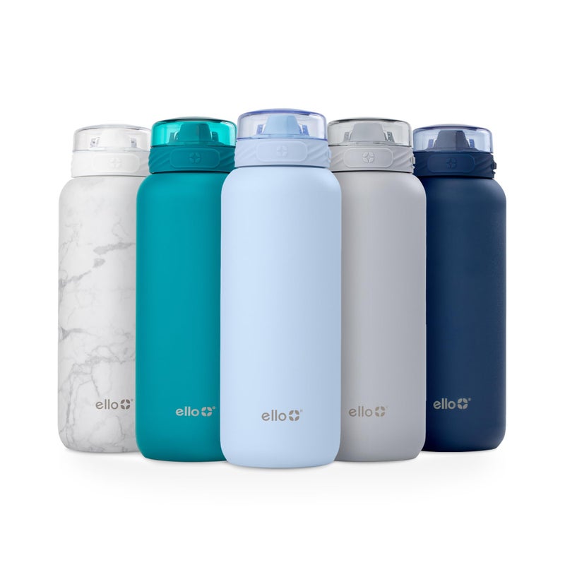 Ello Cooper 40oz Stainless Steel Water Bottle with Straw and Carry Handle Double Walled and Vacuum Insulated Metal Leak Proof Locking Lid with Soft Silicone Spout Reusable BPA Free Halogen Blue