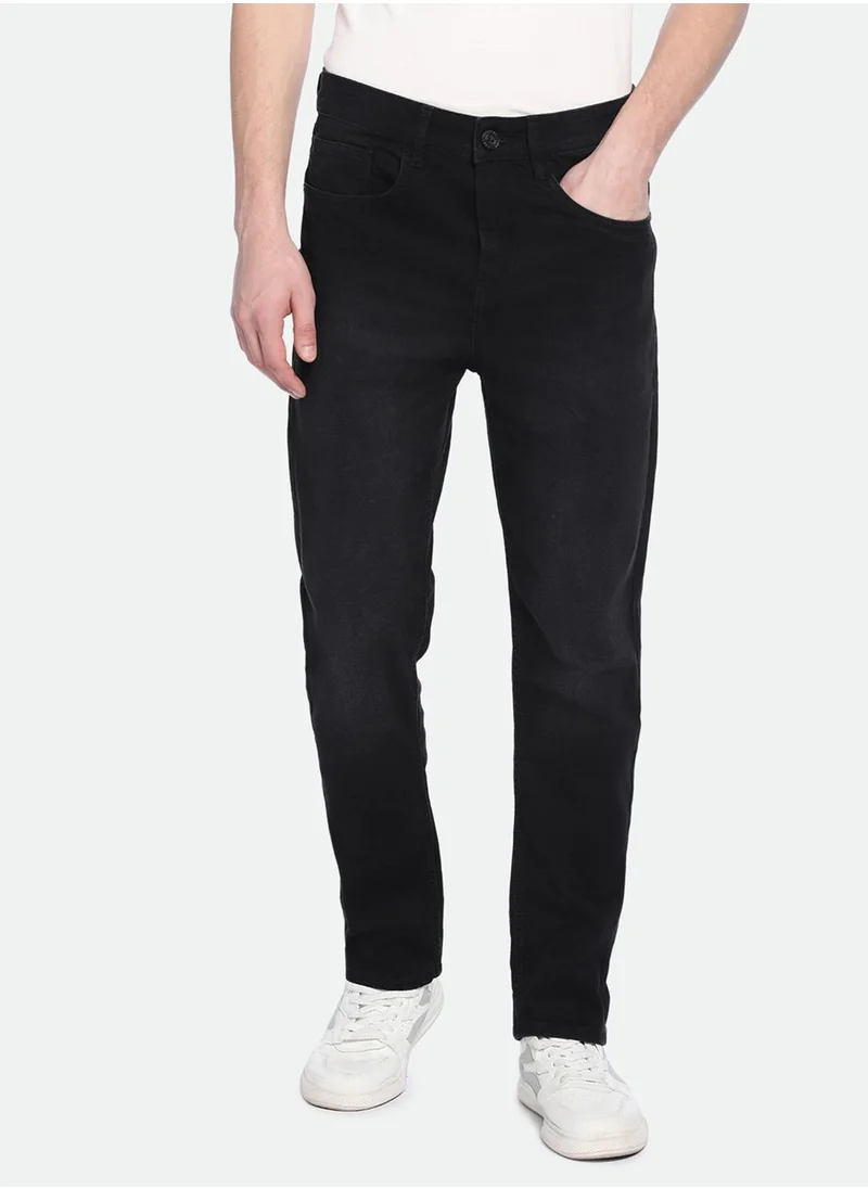 دينيس لينغو Black Straight Fit Jeans for Men - Cotton Poly Stretch, Solid, Mid Rise, Full Length, Button & Zip Closure, Casual