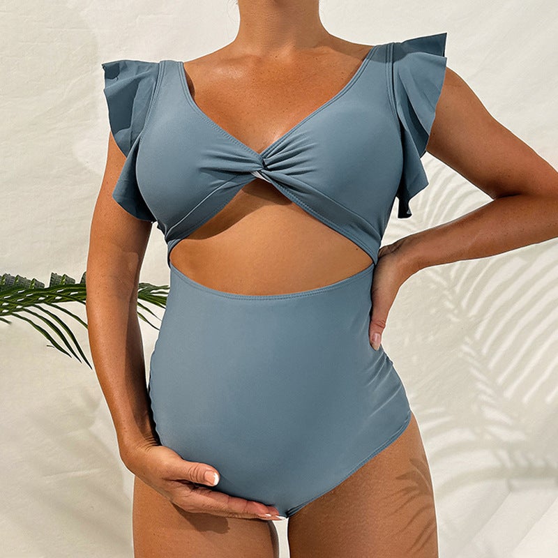 Pregnant Women'S Belly Support Swimsuit Solid Color Loose Short Sleeve Belly Covering One-Piece Bikini Swimsuit - Image 2
