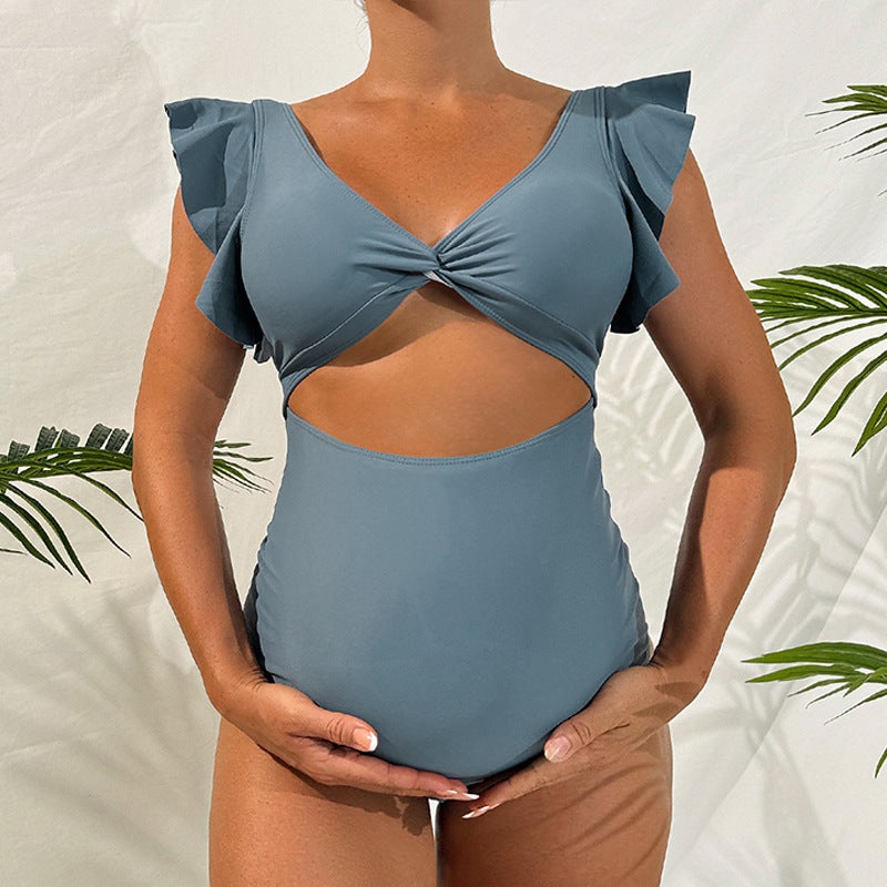 Pregnant Women'S Belly Support Swimsuit Solid Color Loose Short Sleeve Belly Covering One-Piece Bikini Swimsuit - Image 3