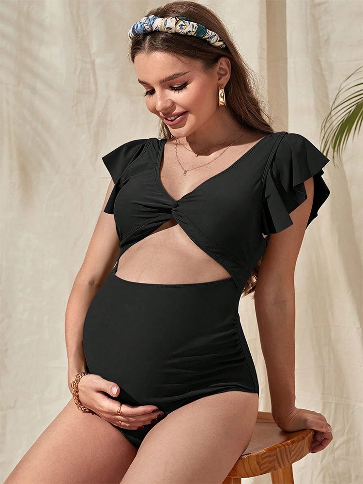 Pregnant Women'S Belly Support Swimsuit Solid Color Loose Short Sleeve Belly Covering One-Piece Bikini Swimsuit - Image 1