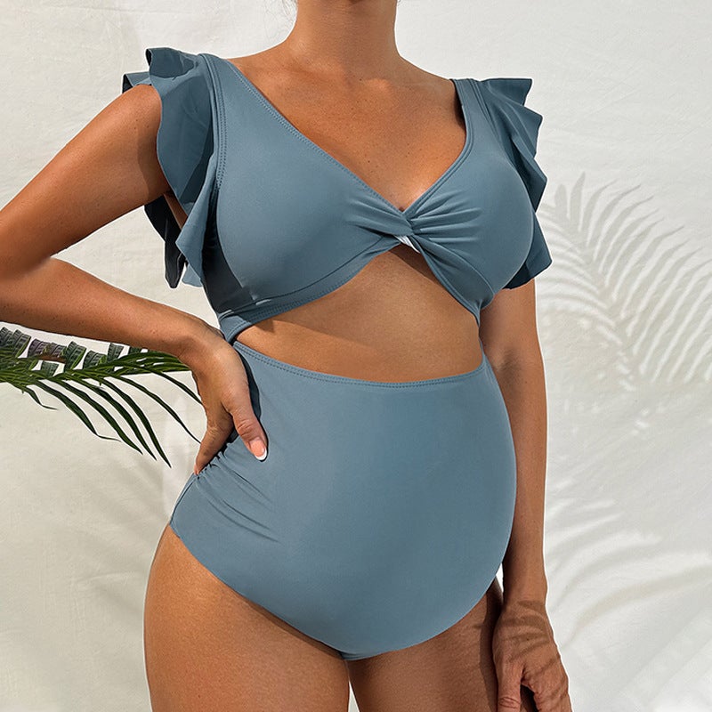 Pregnant Women'S Belly Support Swimsuit Solid Color Loose Short Sleeve Belly Covering One-Piece Bikini Swimsuit - Image 5