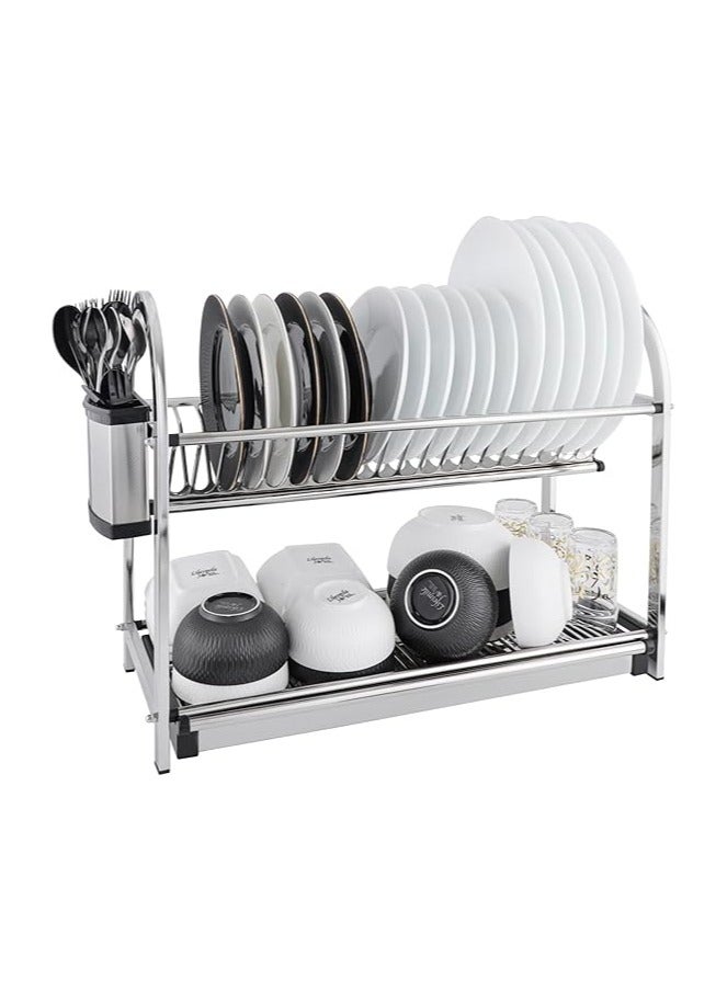 PROMASS Dish Rack - 2 Tier Countertop Dish Drying Stand With Removable Drip Tray - 18/10 Stainless Steel with Removable Utensil Holder - Anti Slip and Rust Proof Dish Drainer 