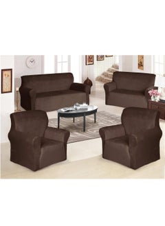 EVORY HOME Velvet non-slip Super Stretchable Sofa Covers Set for Seven Seats of 4 Pieces in Dark Brown  - Image 1