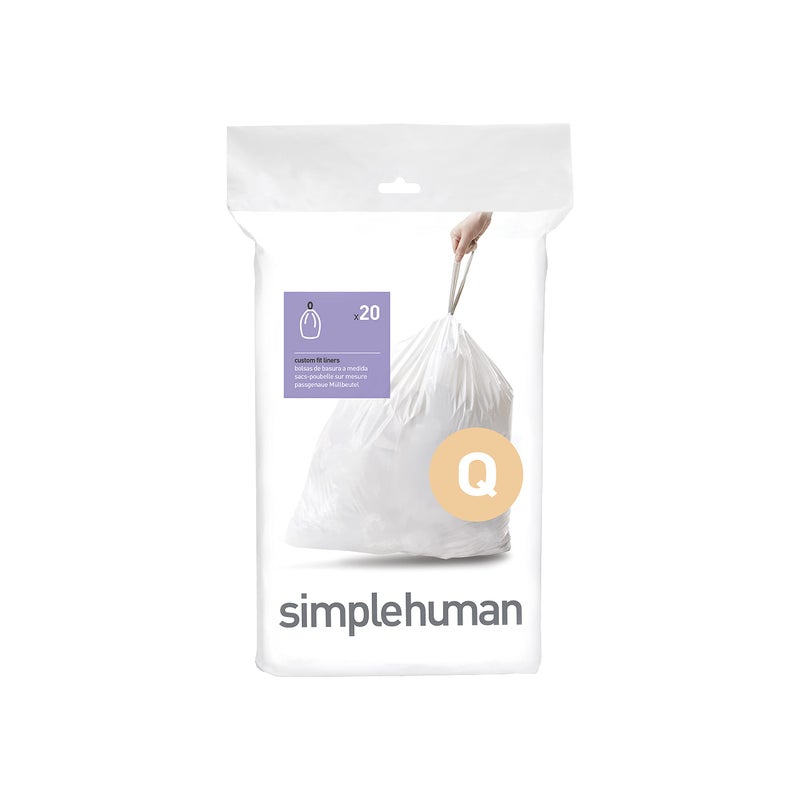 simplehuman أكياس قمامة بسيطة إنسان كود Q تناسب مخصصة مع حبل سحب في عبوات موزع، 20 قطعة، 50-65 لتر / 13.2-17.2 جالون، أبيض - Image 1