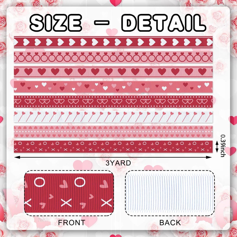 YKW 8 Rolls Valentine's Day Ribbon Set, 3/8" x 3 Yards Each, Heart Ring Pattern Grosgrain Ribbons for Wedding Gift Wrapping & DIY Crafts - Image 2