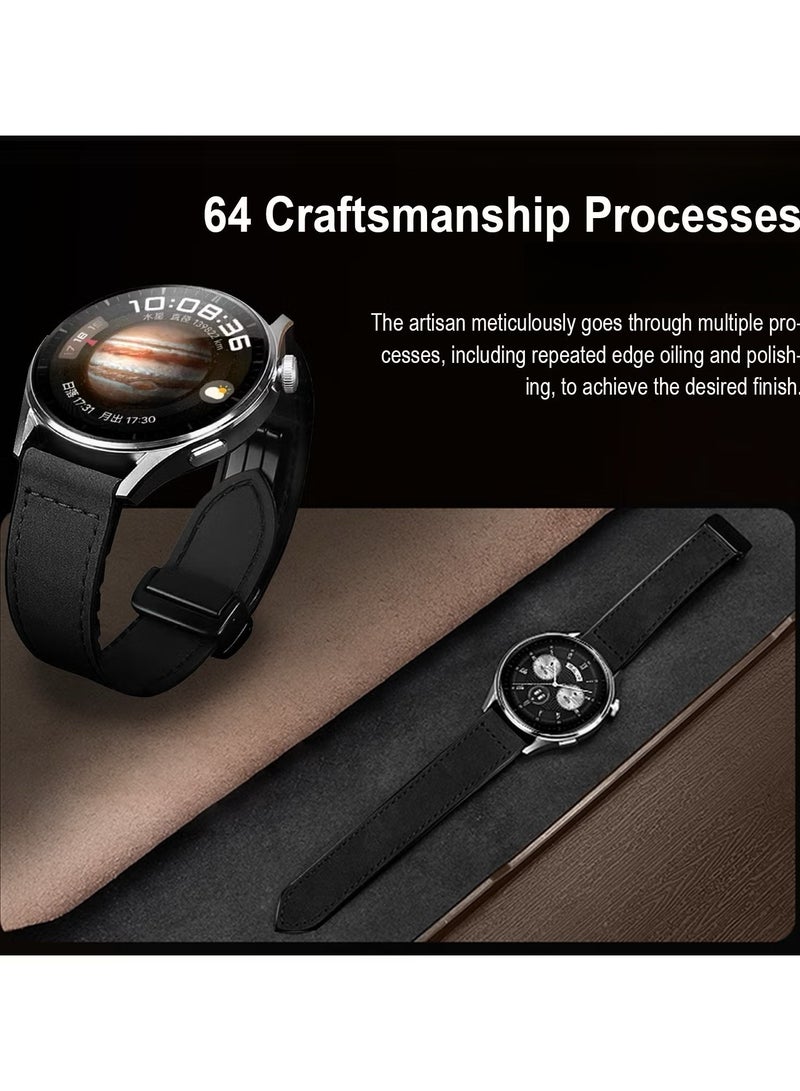 22mm Leather Watch Strap with Magnetic Buckle Design, Compatible with Huawei GT3/4 46mm, GT3 Pro, Huawei Watch 3, GT2e, GT2 Pro, GT2 42/46mm, Samsung Galaxy Watch 3 45mm/Gear S3(Black) - Image 3