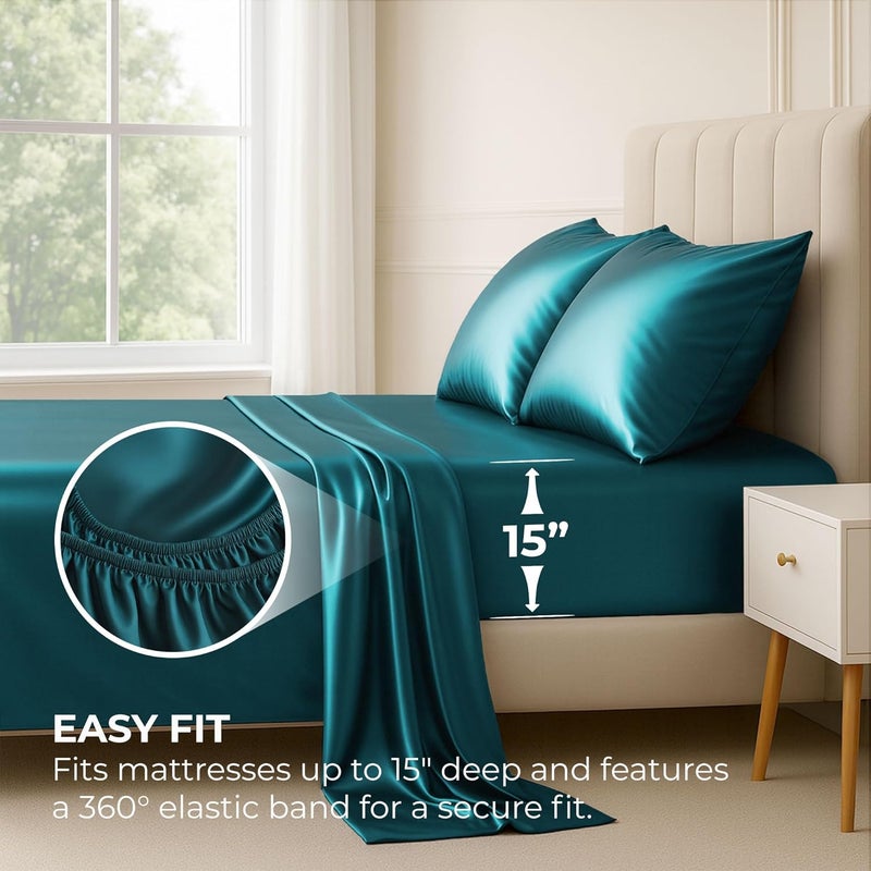 Pure Bedding Satin Sheets Twin [3-Piece, Teal] Hotel Luxury Silky Bed Sheets - Extra Soft 1800 Microfiber Sheet Set, Wrinkle, Fade, Stain Resistant - Deep Pocket Fitted Sheet, Flat Sheet, Pillow Cases - Image 3