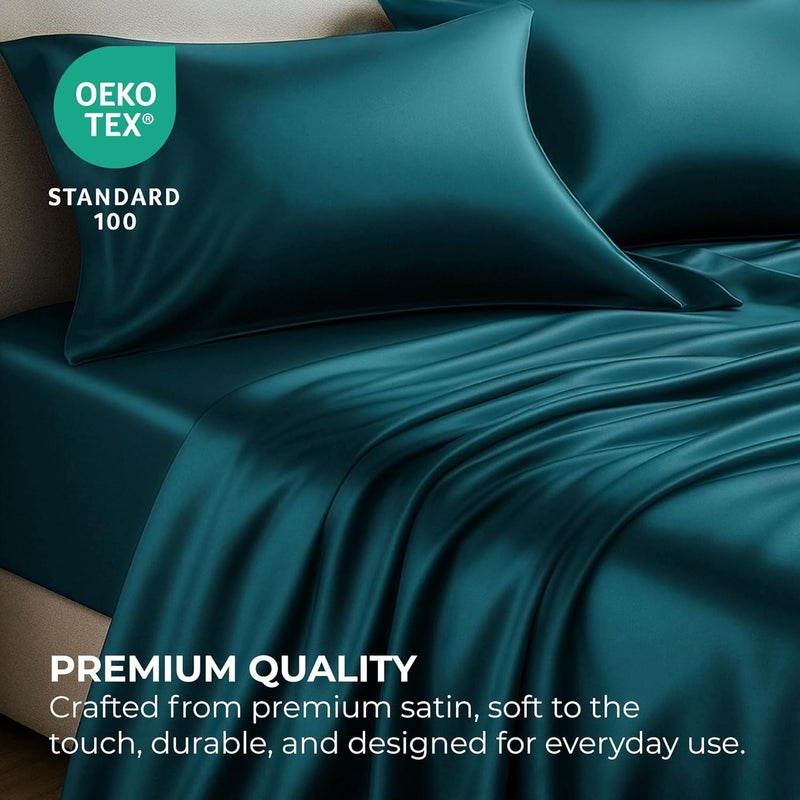Pure Bedding Satin Sheets Twin [3-Piece, Teal] Hotel Luxury Silky Bed Sheets - Extra Soft 1800 Microfiber Sheet Set, Wrinkle, Fade, Stain Resistant - Deep Pocket Fitted Sheet, Flat Sheet, Pillow Cases - Image 5