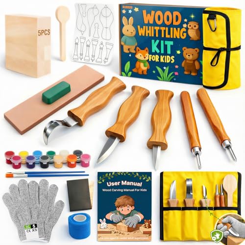 Bluvizo Wood Carving Whittling Kit for Kids: Wood Carving Tool Set with Round-Tip Safety Carving Knives, Cut-Resistant Gloves & Tape, Storege Bag - Hobby Gift for Teens Boys Beginners - Image 1