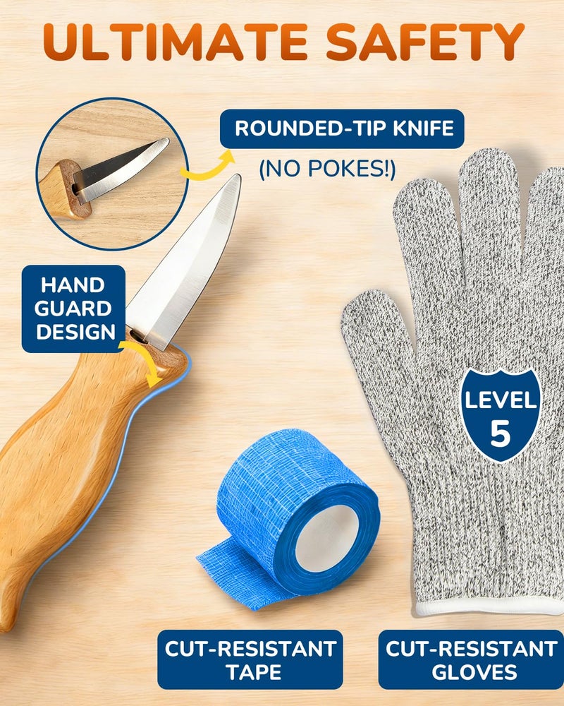 Bluvizo Wood Carving Whittling Kit for Kids: Wood Carving Tool Set with Round-Tip Safety Carving Knives, Cut-Resistant Gloves & Tape, Storege Bag - Hobby Gift for Teens Boys Beginners - Image 2