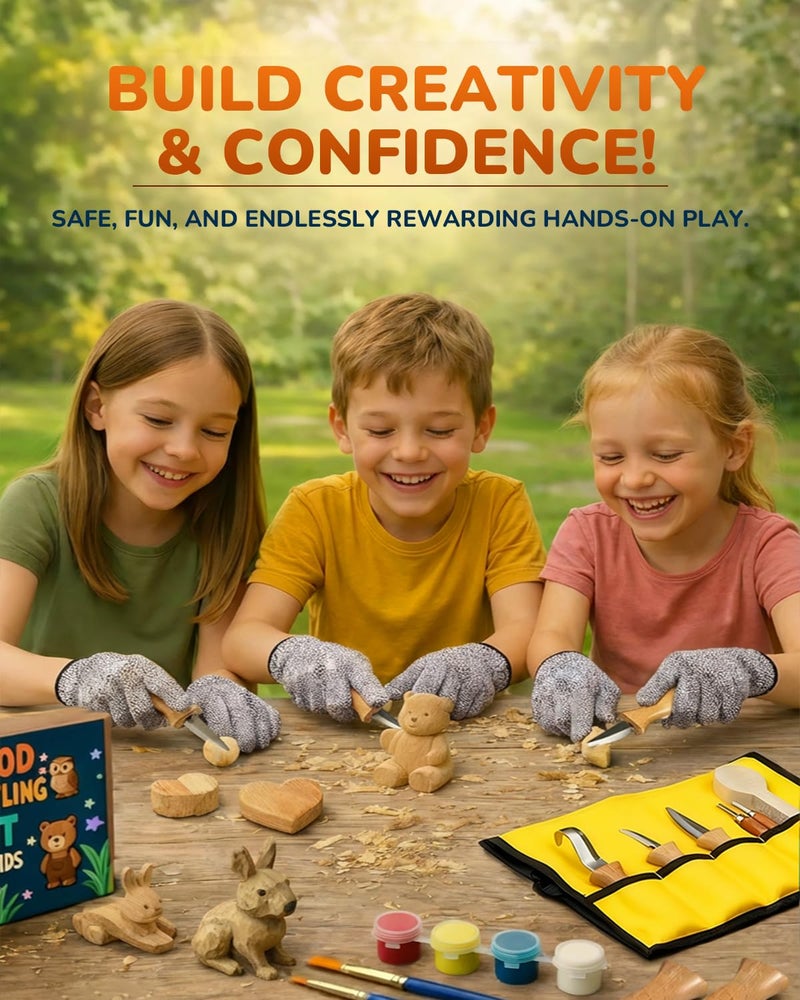 Bluvizo Wood Carving Whittling Kit for Kids: Wood Carving Tool Set with Round-Tip Safety Carving Knives, Cut-Resistant Gloves & Tape, Storege Bag - Hobby Gift for Teens Boys Beginners - Image 3