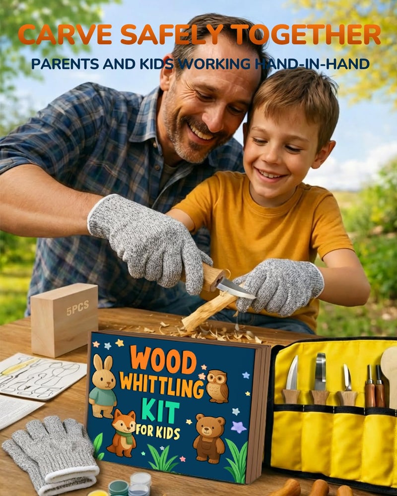 Bluvizo Wood Carving Whittling Kit for Kids: Wood Carving Tool Set with Round-Tip Safety Carving Knives, Cut-Resistant Gloves & Tape, Storege Bag - Hobby Gift for Teens Boys Beginners - Image 4