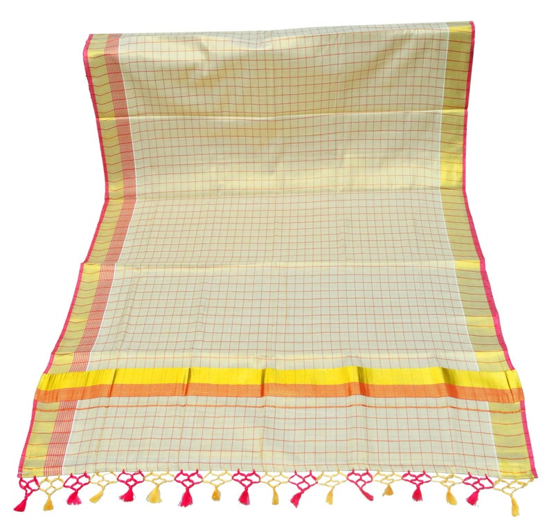 YETTALAN® Women's Color Line Checked Pattern Kerala Traditional Gold Tissue Saree with Running Blouse and Tassels (PINK) - Image 1