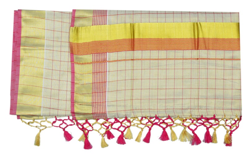 YETTALAN® Women's Color Line Checked Pattern Kerala Traditional Gold Tissue Saree with Running Blouse and Tassels (PINK) - Image 2