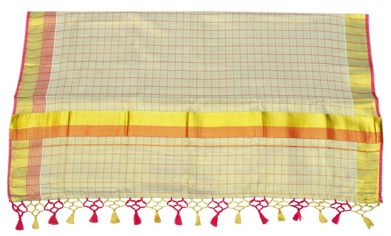 YETTALAN® Women's Color Line Checked Pattern Kerala Traditional Gold Tissue Saree with Running Blouse and Tassels (PINK) - Image 4