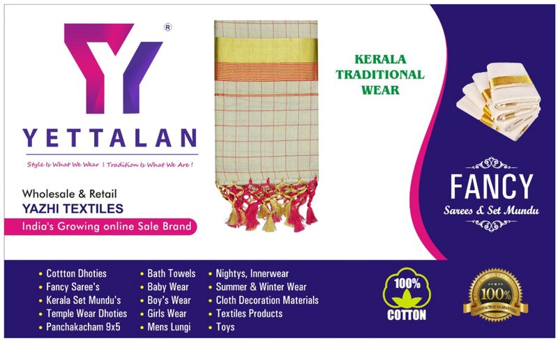 YETTALAN® Women's Color Line Checked Pattern Kerala Traditional Gold Tissue Saree with Running Blouse and Tassels (PINK) - Image 5
