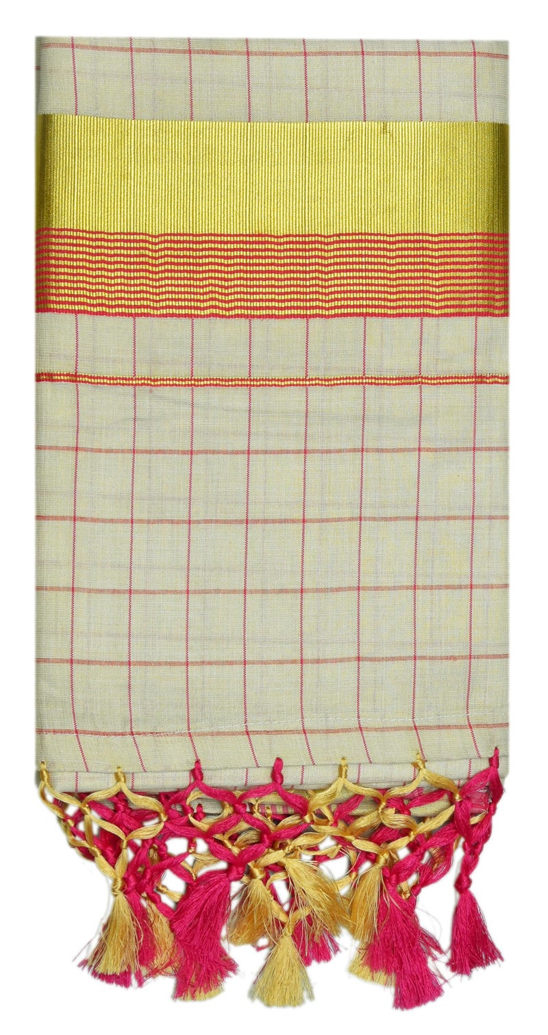 YETTALAN® Women's Color Line Checked Pattern Kerala Traditional Gold Tissue Saree with Running Blouse and Tassels (PINK) - Image 3