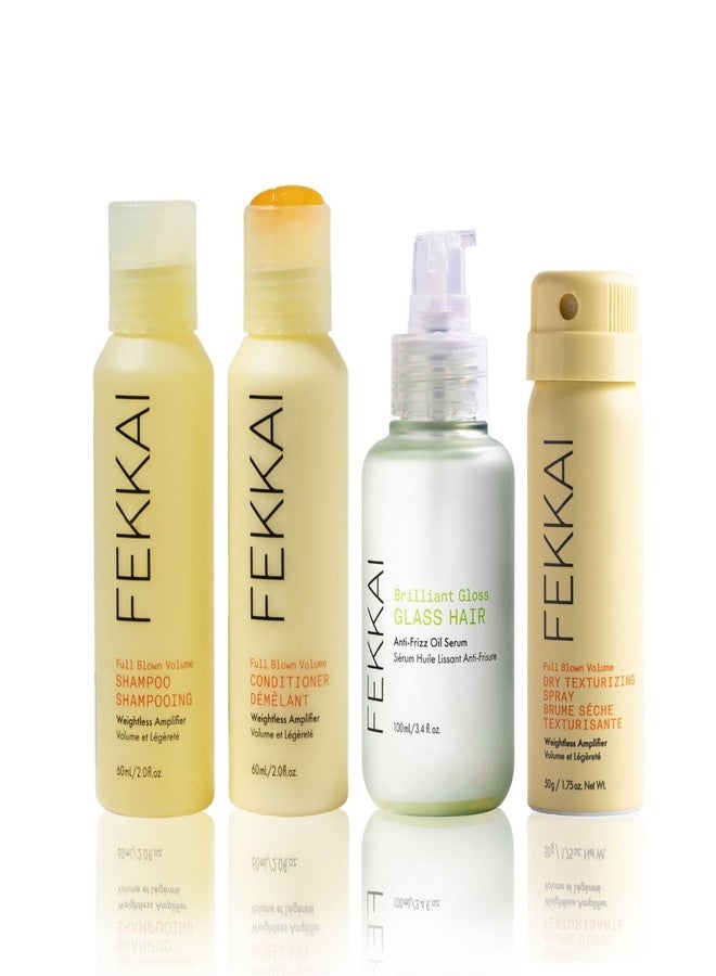 FEKKAI Brilliant Gloss Travel Bundle - Full Blown Volume Shampoo (2 oz) and Conditioner (2 oz), Brilliant Gloss Glass Hair Anti-Frizz Oil Serum (3.4 oz) + Full Blown Volume Texturizer (1.7 oz) - Image 1