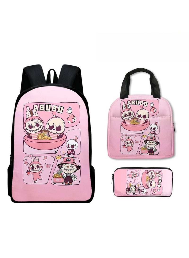 Labubu Primary School Backpack Cartoon Backpack 40*30*13CM+Lunch Bag 21*20*11.5CM+Pen Bag 22*11*5CM Three-piece Set - Image 1