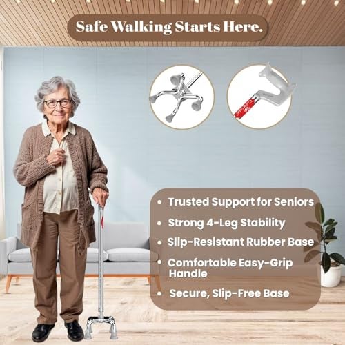 EASYCARE® Premium Walking Stick | Lightweight Aluminium with 10 Height Levels Adjustable | Ergonomic Handle, Anti-Slip Base | Support for Old Age Seniors, Men, Women & Patients (Four Legs) - Image 4