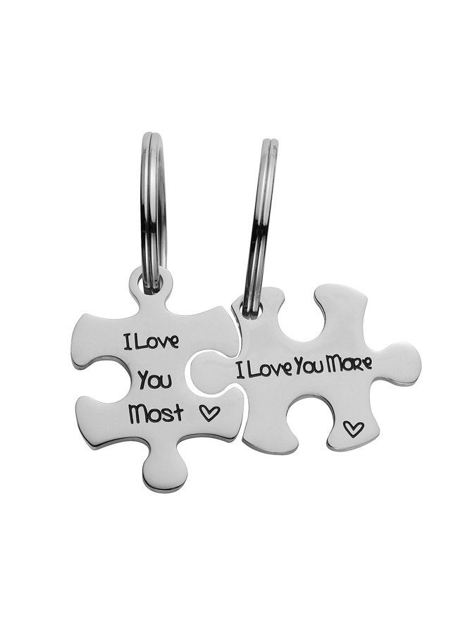 omodofo Valentine's Day His and Hers Puzzle Piece Pendant Necklace/Keychain Set Personalized Couples Stainless Steel Hand Stamped Gift Jewelry Chain/Keyring (I Love You More & Most (Keychain)) - Image 1