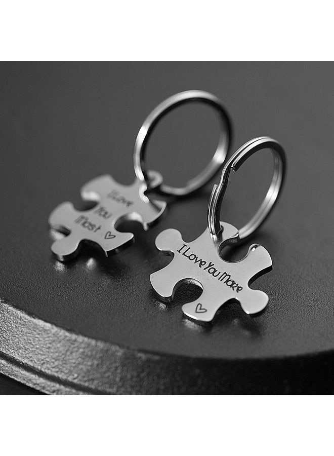 omodofo Valentine's Day His and Hers Puzzle Piece Pendant Necklace/Keychain Set Personalized Couples Stainless Steel Hand Stamped Gift Jewelry Chain/Keyring (I Love You More & Most (Keychain)) - Image 4