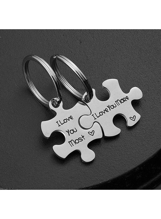 omodofo Valentine's Day His and Hers Puzzle Piece Pendant Necklace/Keychain Set Personalized Couples Stainless Steel Hand Stamped Gift Jewelry Chain/Keyring (I Love You More & Most (Keychain)) - Image 2