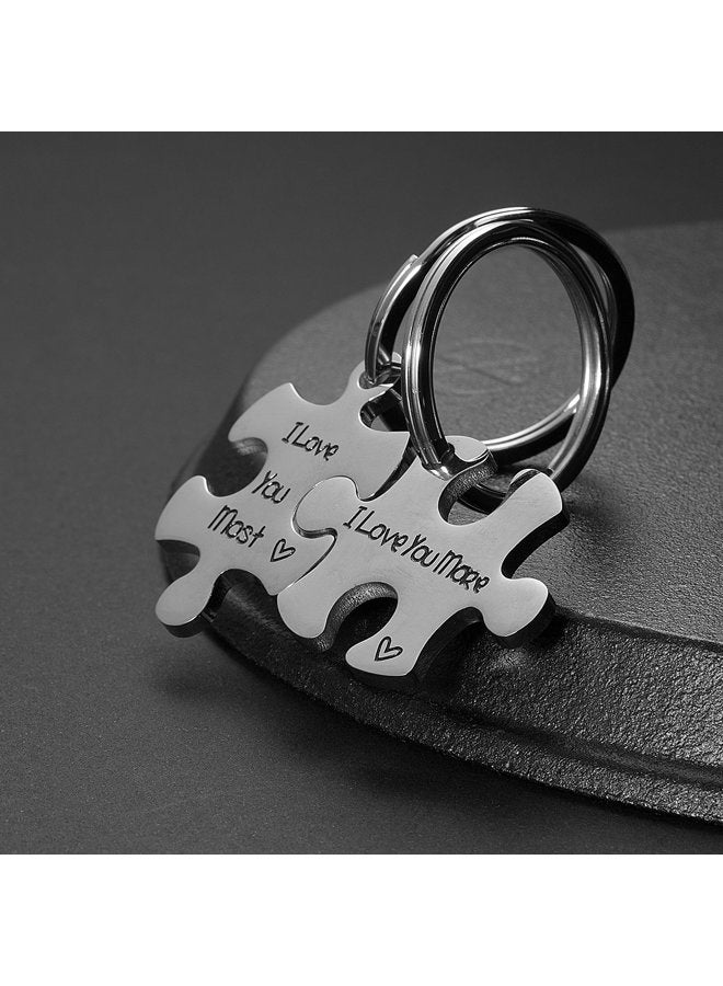omodofo Valentine's Day His and Hers Puzzle Piece Pendant Necklace/Keychain Set Personalized Couples Stainless Steel Hand Stamped Gift Jewelry Chain/Keyring (I Love You More & Most (Keychain)) - Image 3