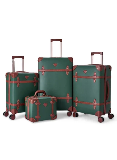 LIMRA Travel Bags Classic Leather Luggage 4 Pcs Set Green/light Brown 28''-24''-20'''-14'''Inches