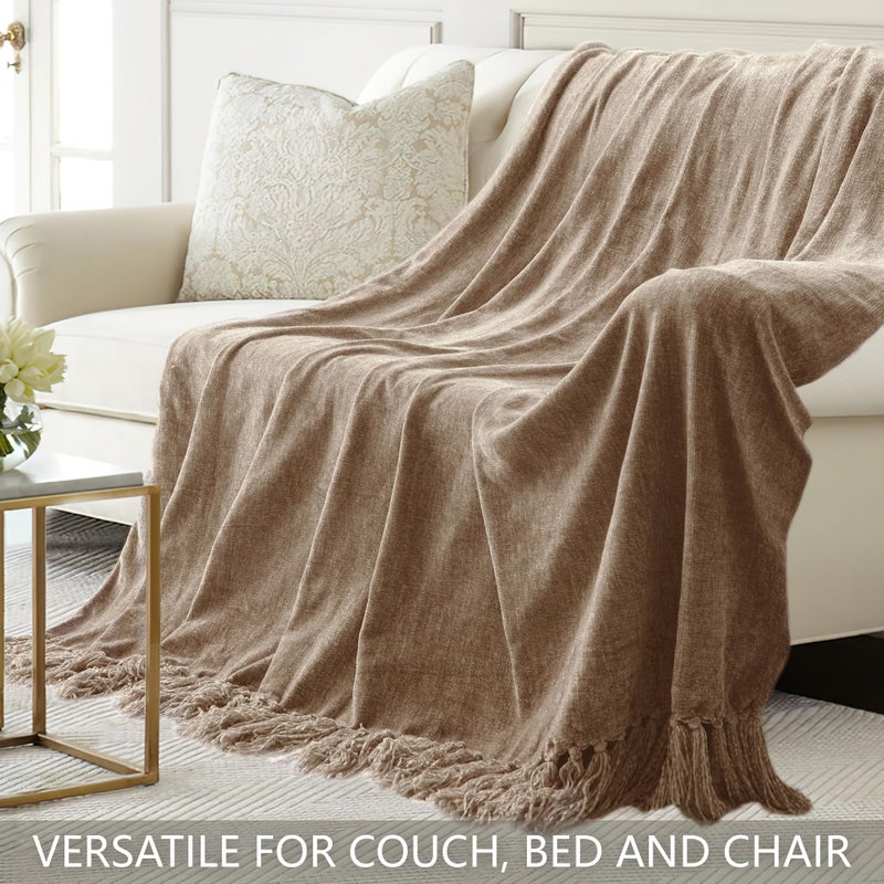 LONG CREATE Chenille Throw Blanket for Couch 50"X 60", Soft Cozy Throws with Fringe Tassel for Bed Sofa Chair Cover, Lightweight Knitted Decorative Boho Blankets for Living Room, Taupe - Image 4
