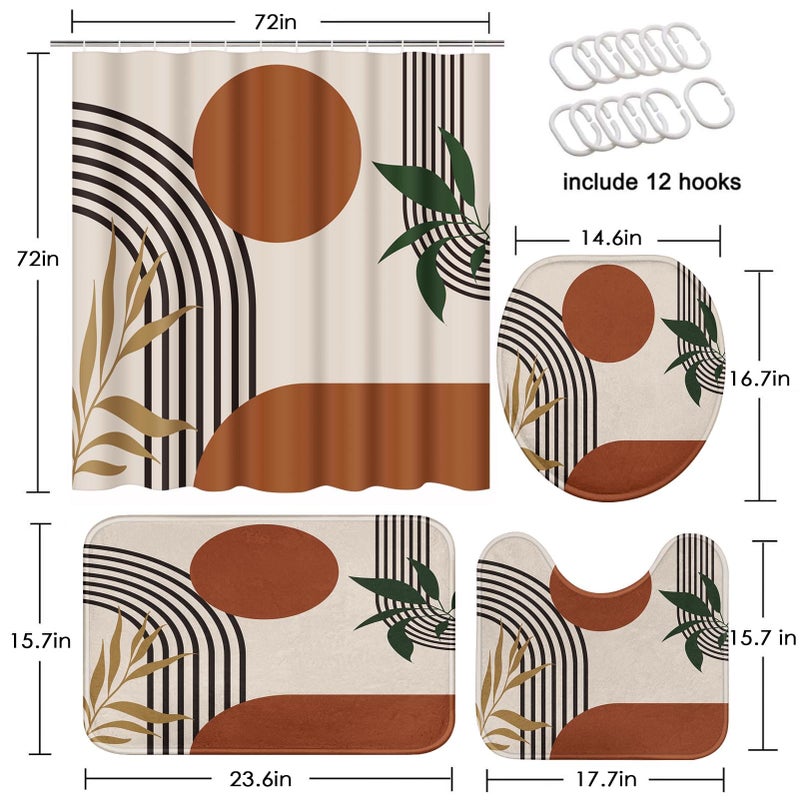 Tayney Boho Mid Century Shower Curtain Set with Toilet Lid Cover and Non-Slip Rugs, Abstract Geometric 4 Pcs Modern Minimalist Shower Curtain for Bathroom Set with 12 Hooks - Image 2