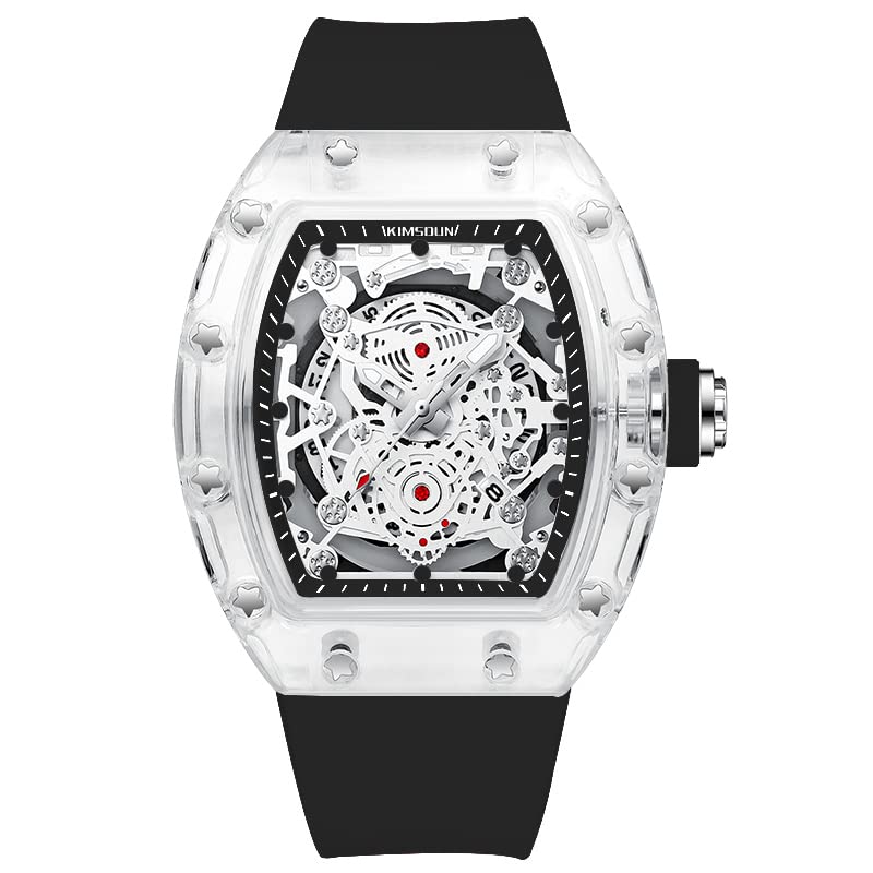 KIMSDUNStylish Skeleton Sport Watches Waterproof Analog Quartz Date Calendar Wristwatch Transparent Tonneau Case Casual Watch Silicone Strap for Men Unisex BlackBlack TPK2015B - Image 1
