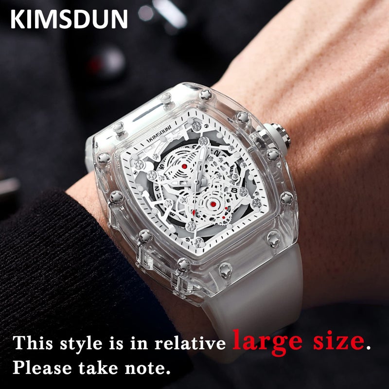 KIMSDUNStylish Skeleton Sport Watches Waterproof Analog Quartz Date Calendar Wristwatch Transparent Tonneau Case Casual Watch Silicone Strap for Men Unisex BlackBlack TPK2015B - Image 3