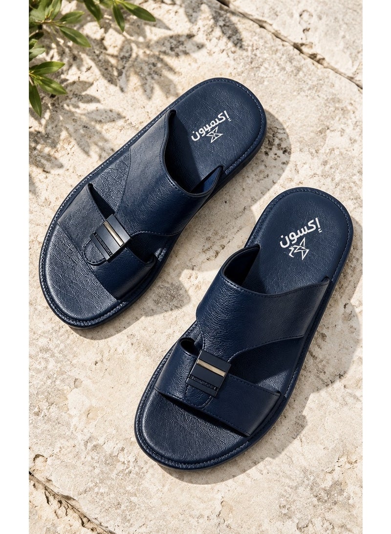 Amity Men's Navy Blue Genuine Leather Open Toe Slides with Metal Buckle - Image 5