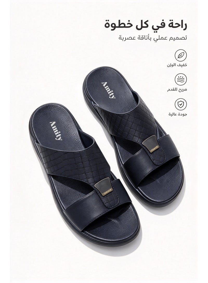 Amity Men's Navy Blue Genuine Leather Open Toe Slides with Metal Buckle - Image 1