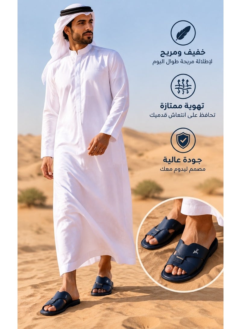 Amity Men's Navy Blue Genuine Leather Open Toe Slides with Metal Buckle - Image 2