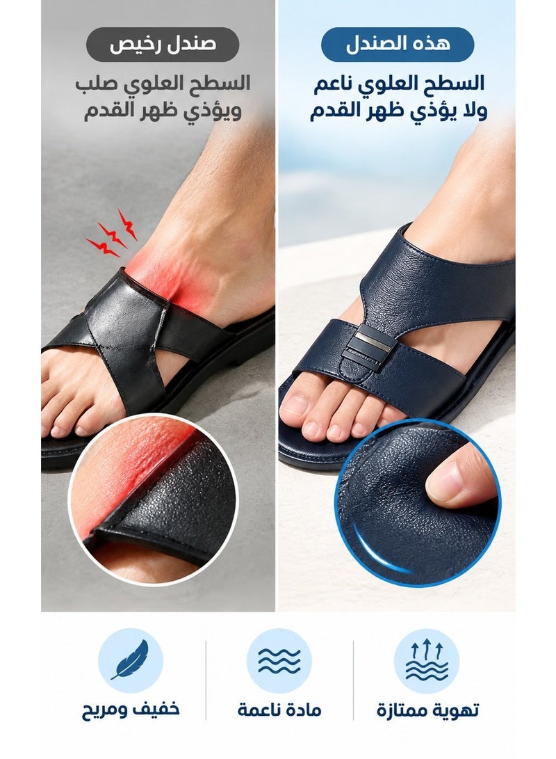 Amity Men's Navy Blue Genuine Leather Open Toe Slides with Metal Buckle - Image 4